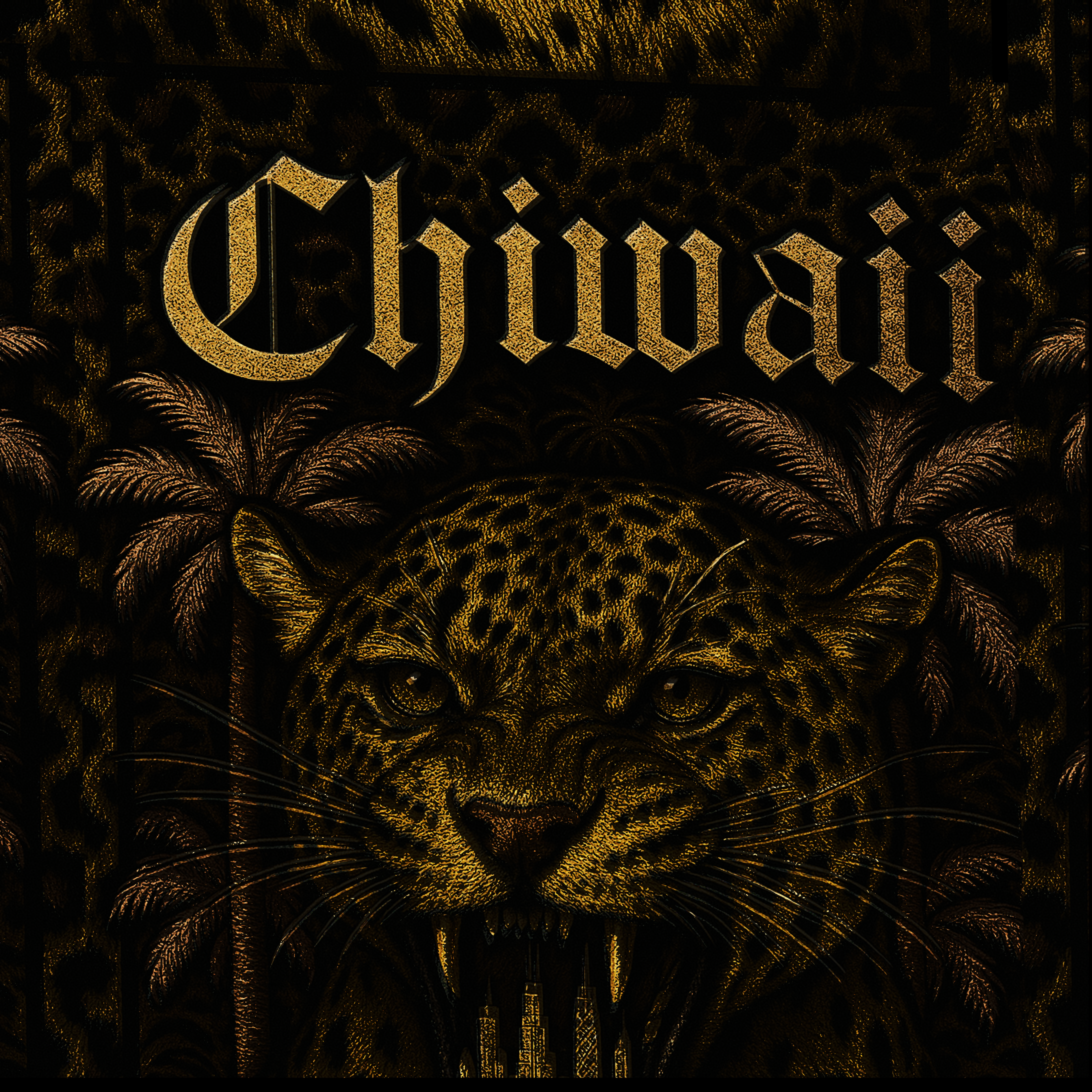 Embroidered design of a leopard's face with 'Chiwaii' text on a dark background